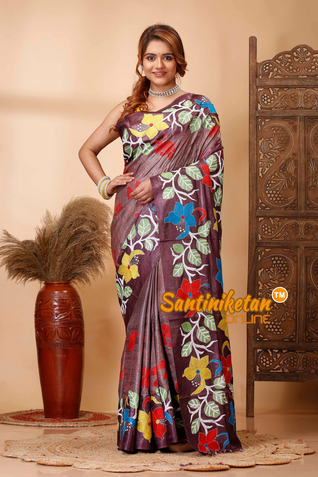 Dye Pure Gachi Tussar Silk Kantha Stitch Saree SN202521697