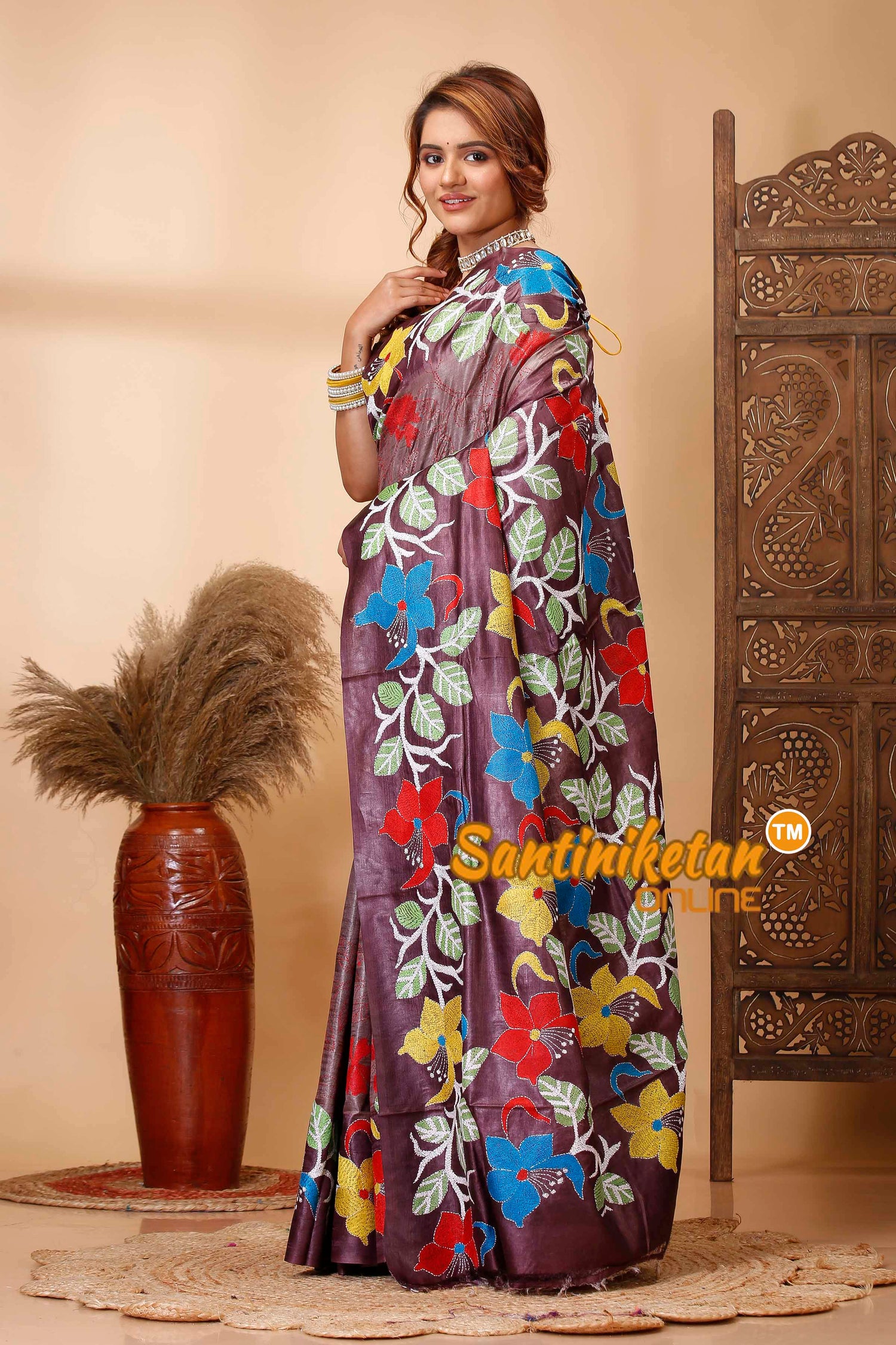 Dye Pure Gachi Tussar Silk Kantha Stitch Saree SN202521697