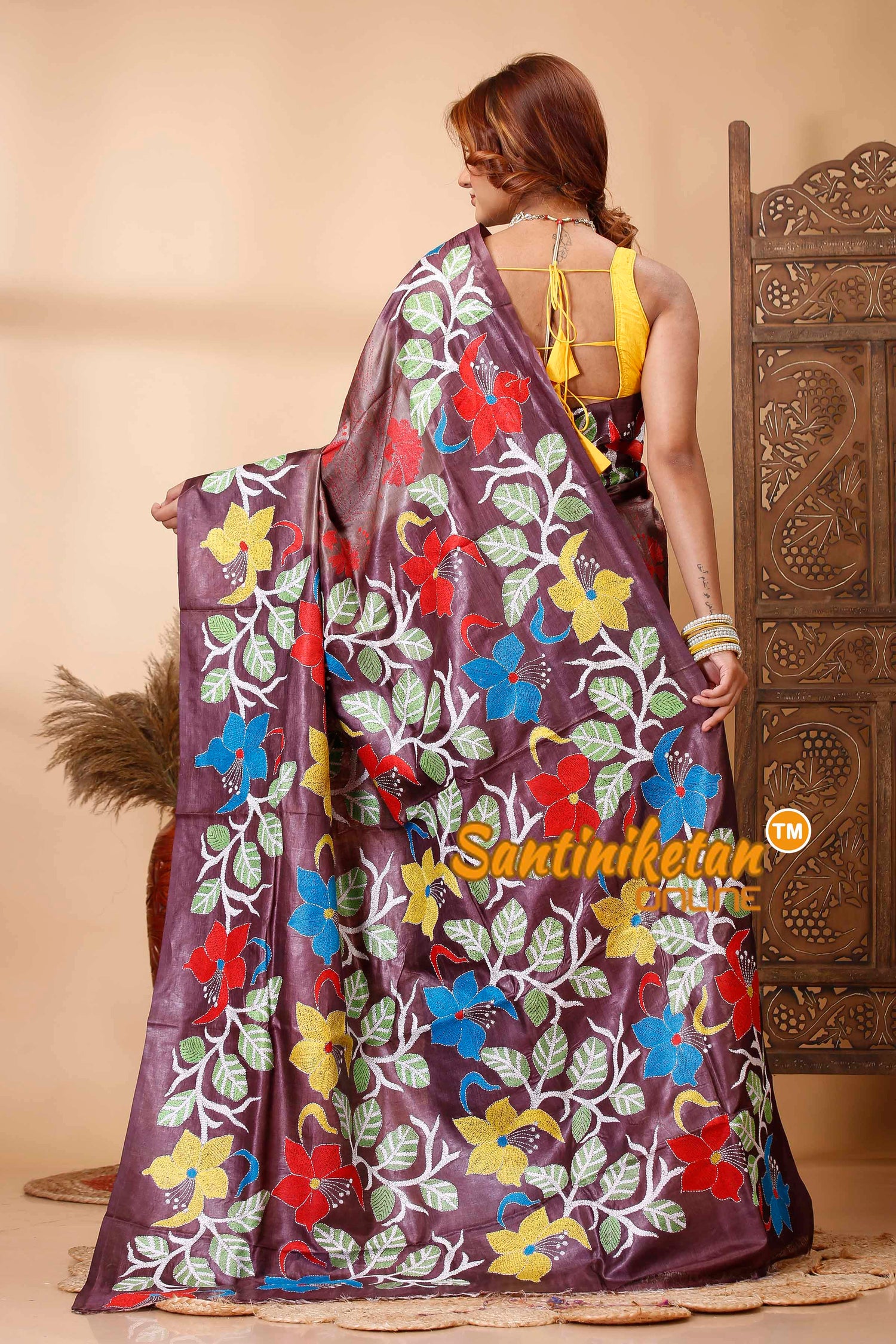 Dye Pure Gachi Tussar Silk Kantha Stitch Saree SN202521697
