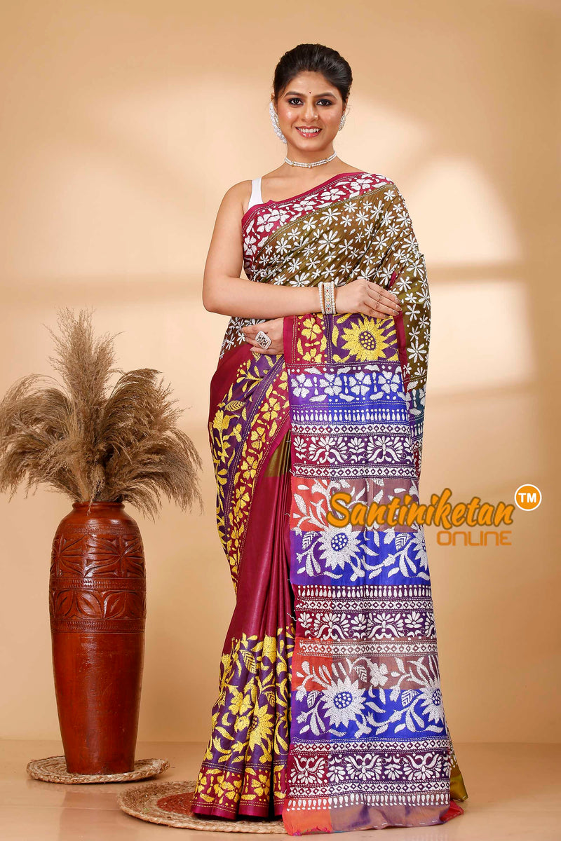 Bishnupuri (Katan) Silk Kantha Stitch Saree SN202521781