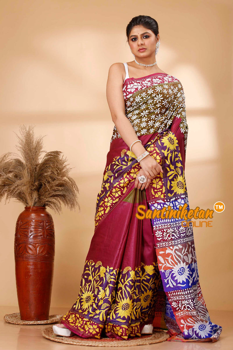 Bishnupuri (Katan) Silk Kantha Stitch Saree SN202521781