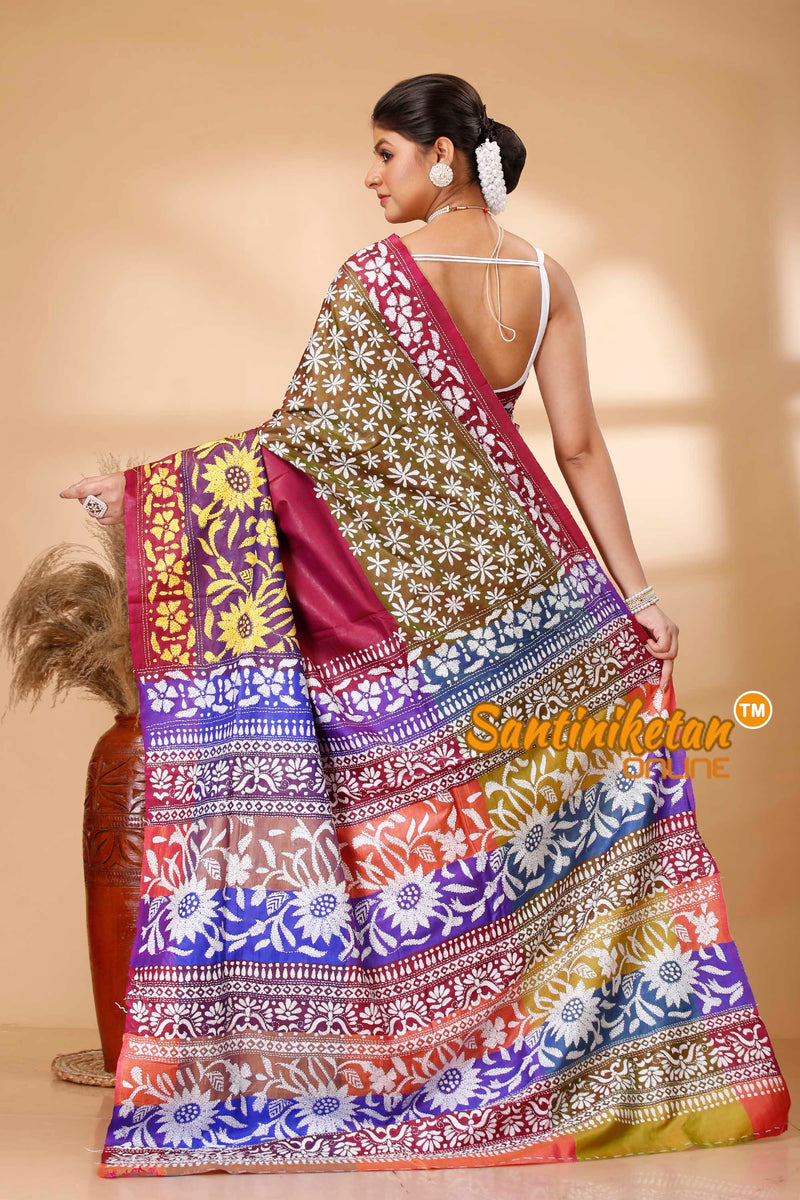 Bishnupuri (Katan) Silk Kantha Stitch Saree SN202521781