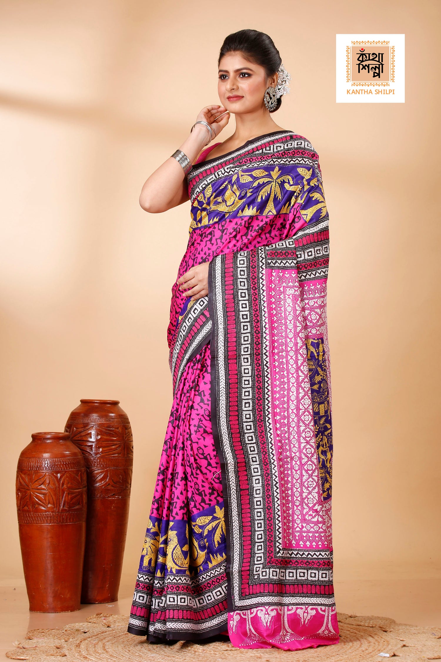 Pure Bangalore Silk Kantha Stitch Saree SN202521807