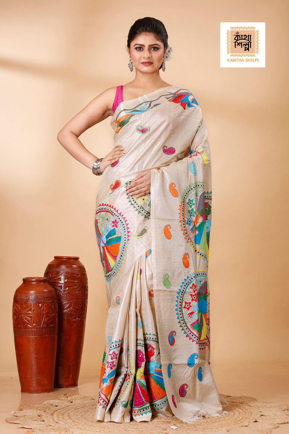 Beige Color Pure Gachi Tussar Multi color Thread Kantha Stitch Saree