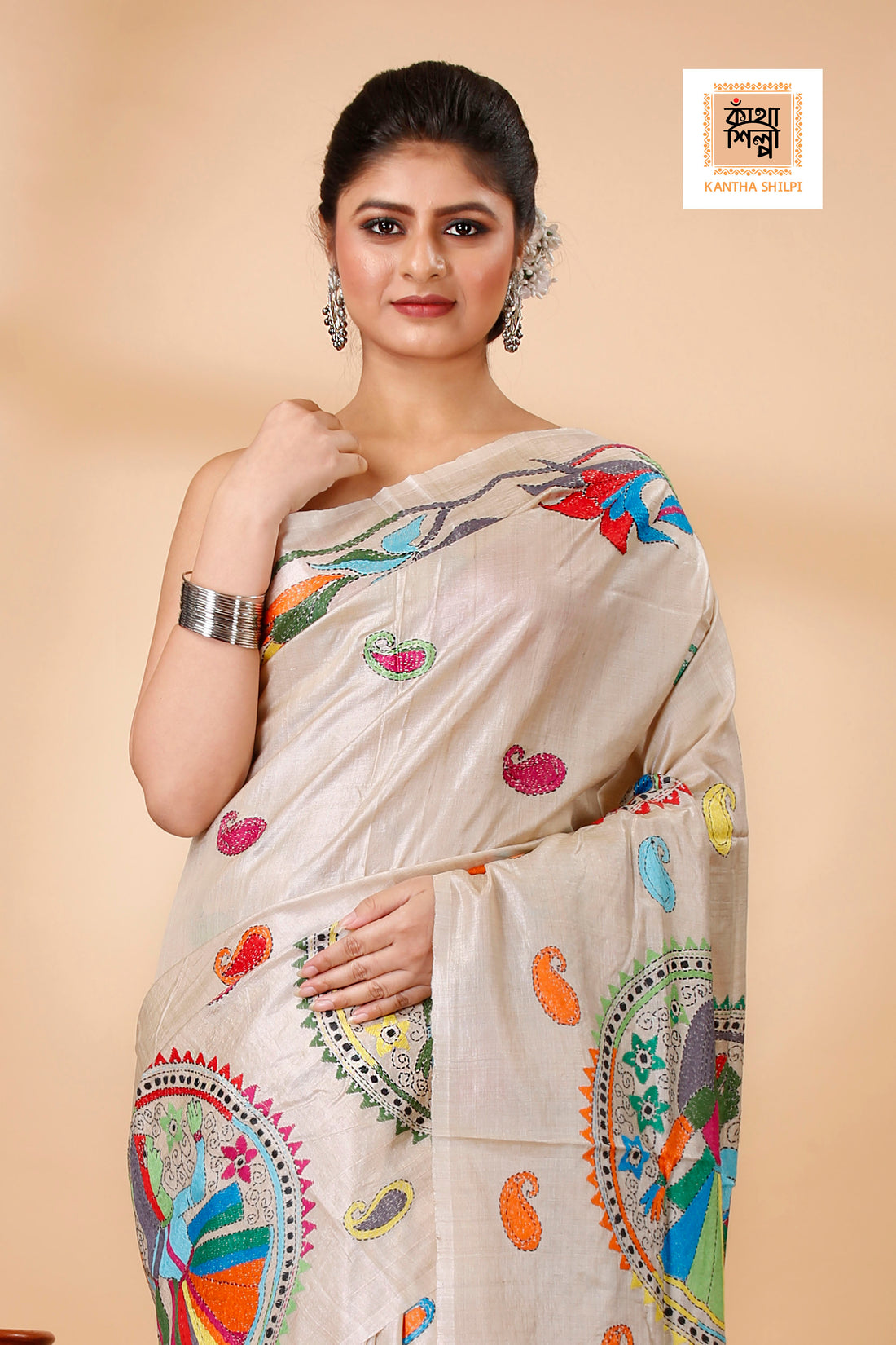 Beige Color Pure Gachi Tussar Multi color Thread Kantha Stitch Saree
