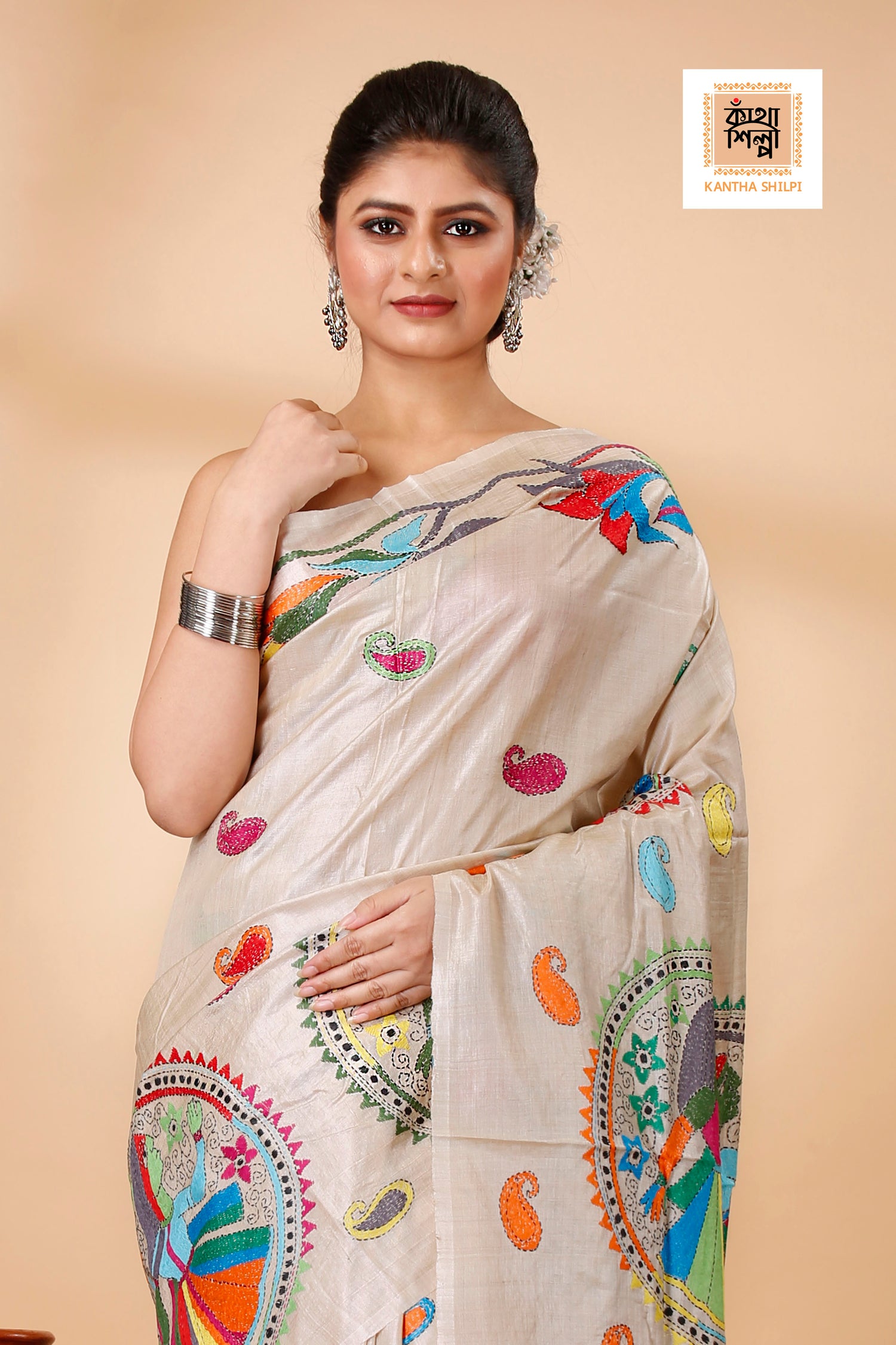 Beige Color Pure Gachi Tussar Multi color Thread Kantha Stitch Saree