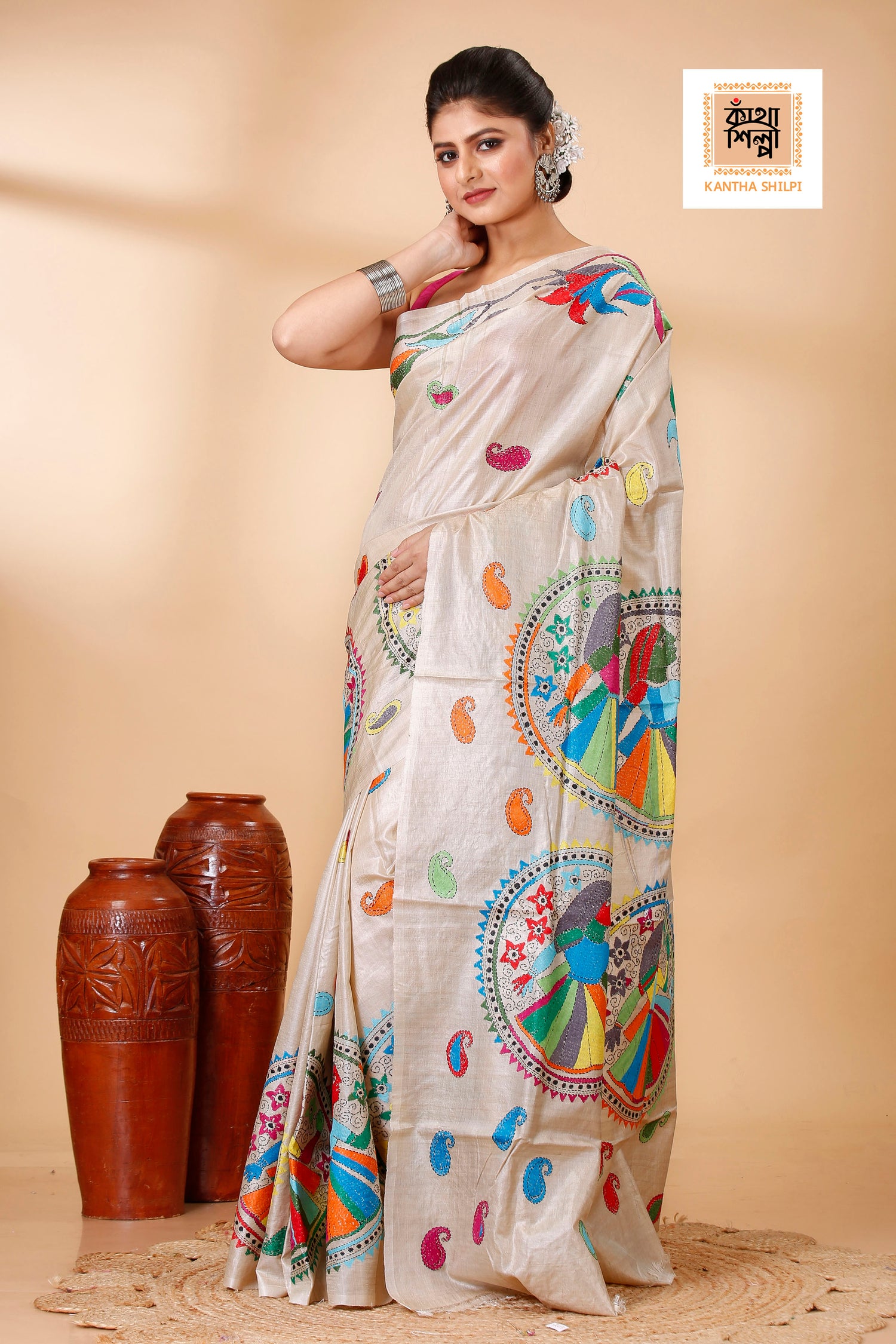 Beige Color Pure Gachi Tussar Multi color Thread Kantha Stitch Saree