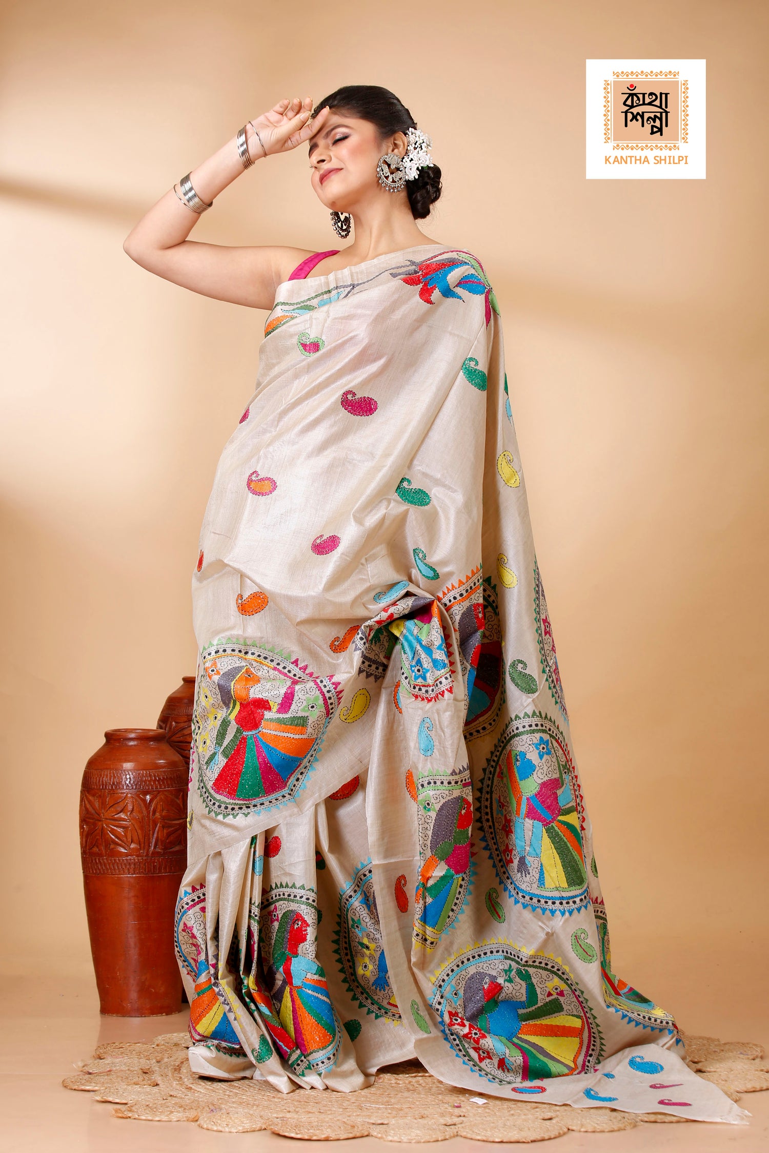 Beige Color Pure Gachi Tussar Multi color Thread Kantha Stitch Saree