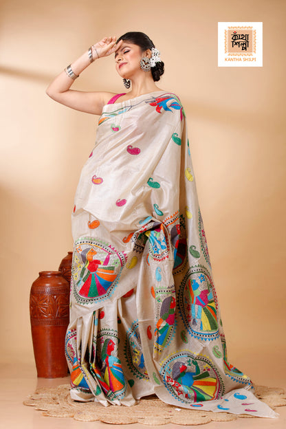 Beige Color Pure Gachi Tussar Multi color Thread Kantha Stitch Saree