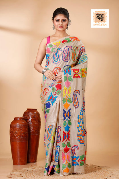 Beige Color Pure Gachi Tussar Multi color Thread Peacock and Kalka Design Kantha Stitch Saree