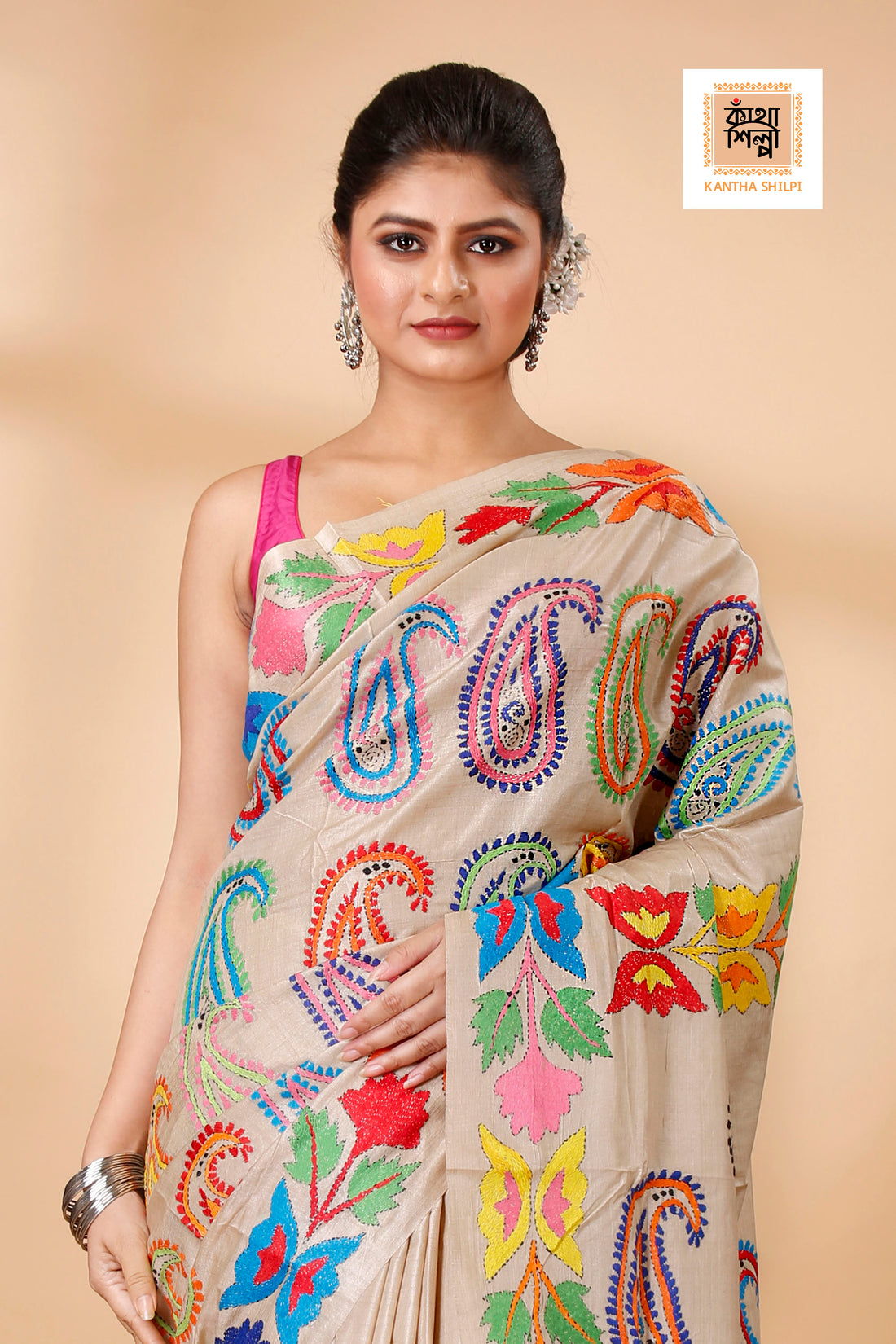 Beige Color Pure Gachi Tussar Multi color Thread Peacock and Kalka Design Kantha Stitch Saree