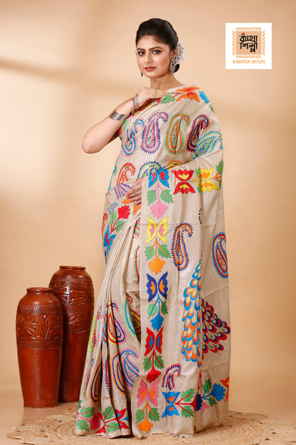 Beige Color Pure Gachi Tussar Multi color Thread Peacock and Kalka Design Kantha Stitch Saree