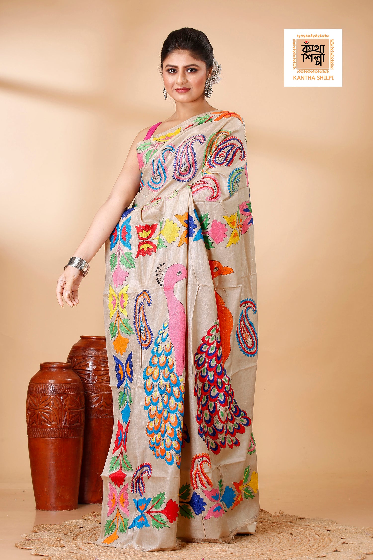 Beige Color Pure Gachi Tussar Multi color Thread Peacock and Kalka Design Kantha Stitch Saree