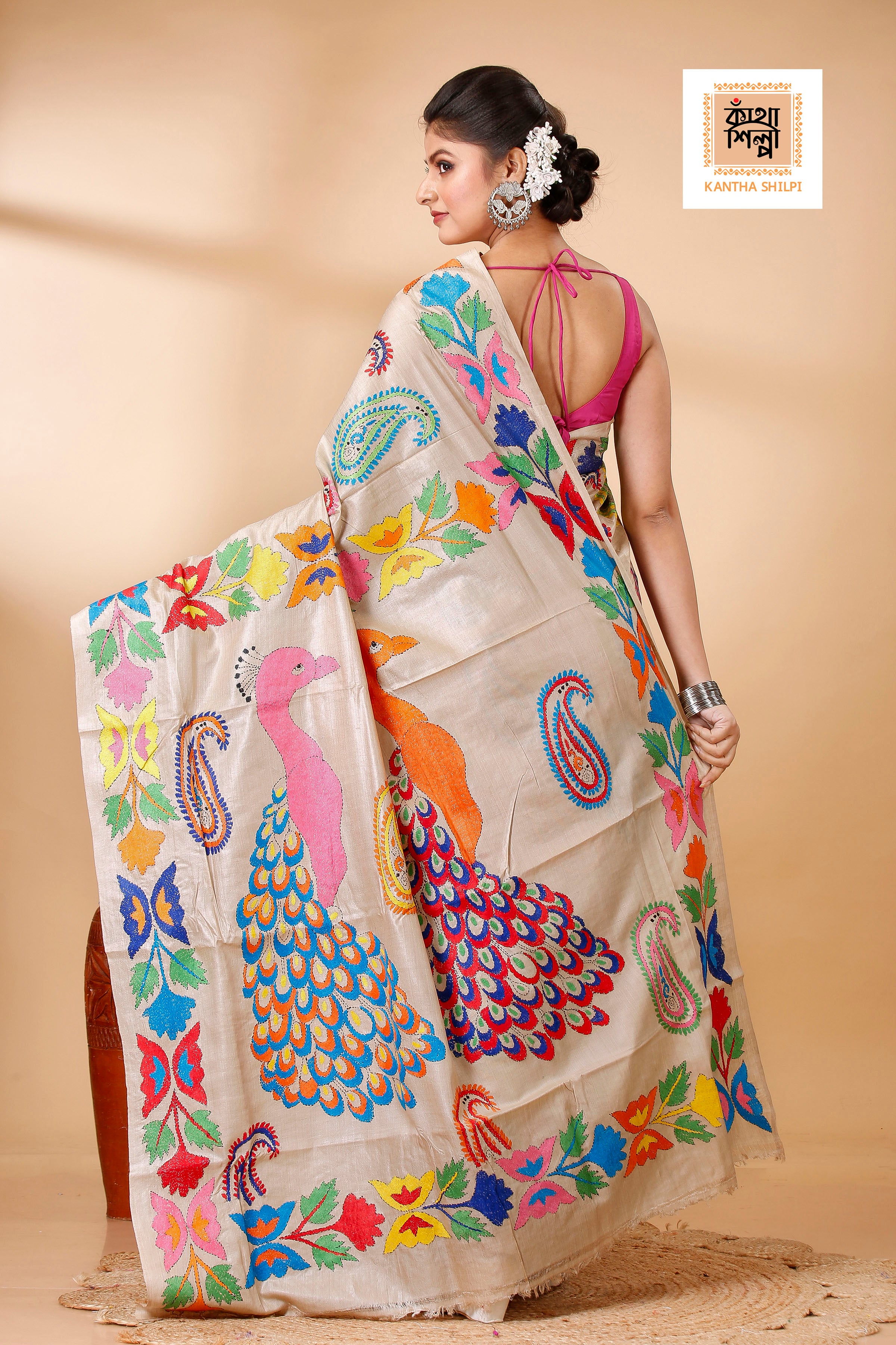 Beige Color Pure Gachi Tussar Multi color Thread Peacock and Kalka Design Kantha Stitch Saree