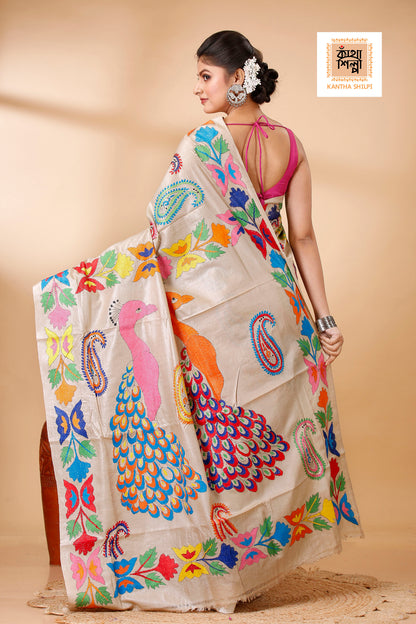 Beige Color Pure Gachi Tussar Multi color Thread Peacock and Kalka Design Kantha Stitch Saree