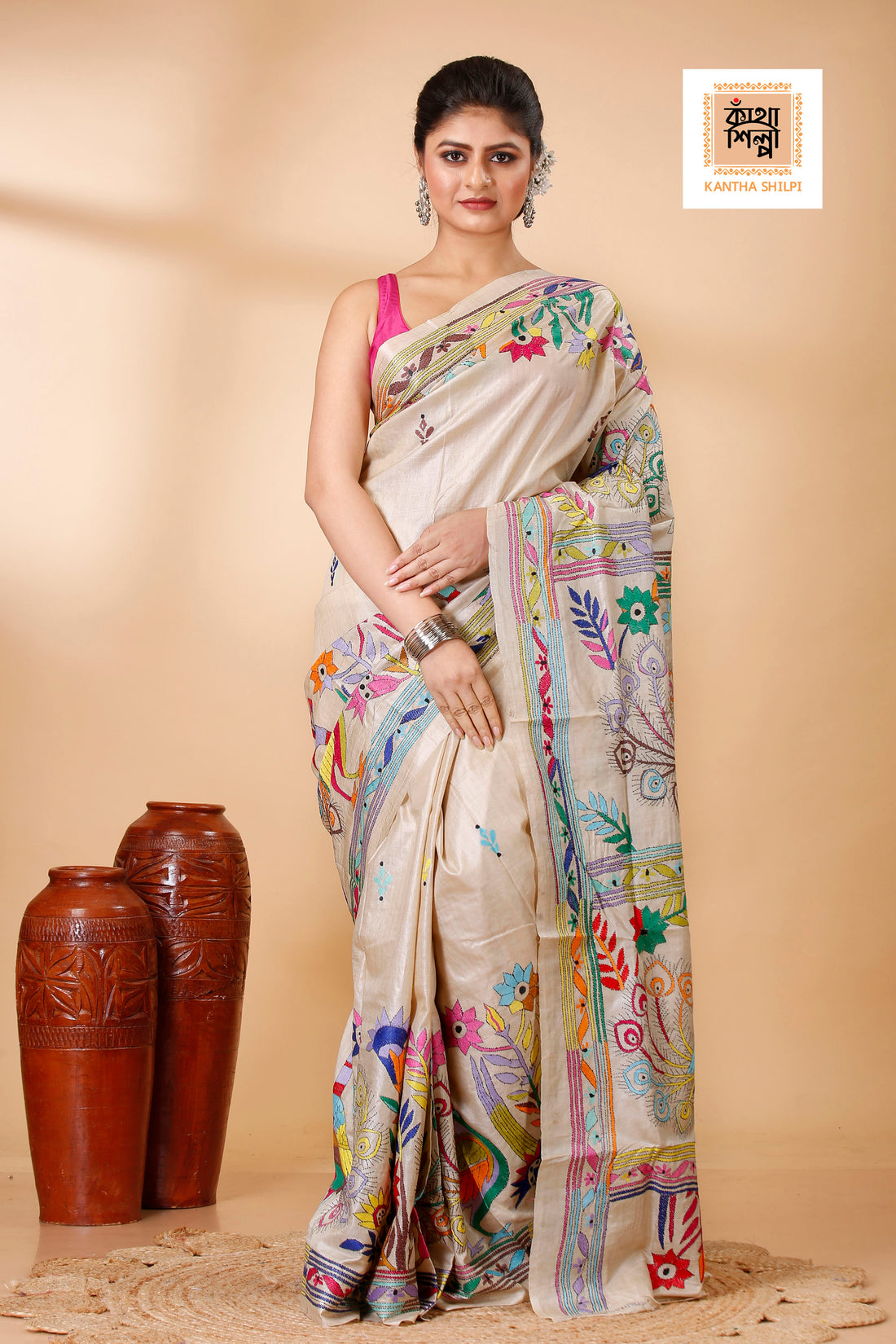 Beige Color Pure Gachi Tussar Multicolor Thread Peacock and Floral Design Kantha Stitch Saree