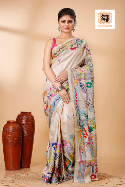 Beige Color Pure Gachi Tussar Multicolor Thread Peacock and Floral Design Kantha Stitch Saree