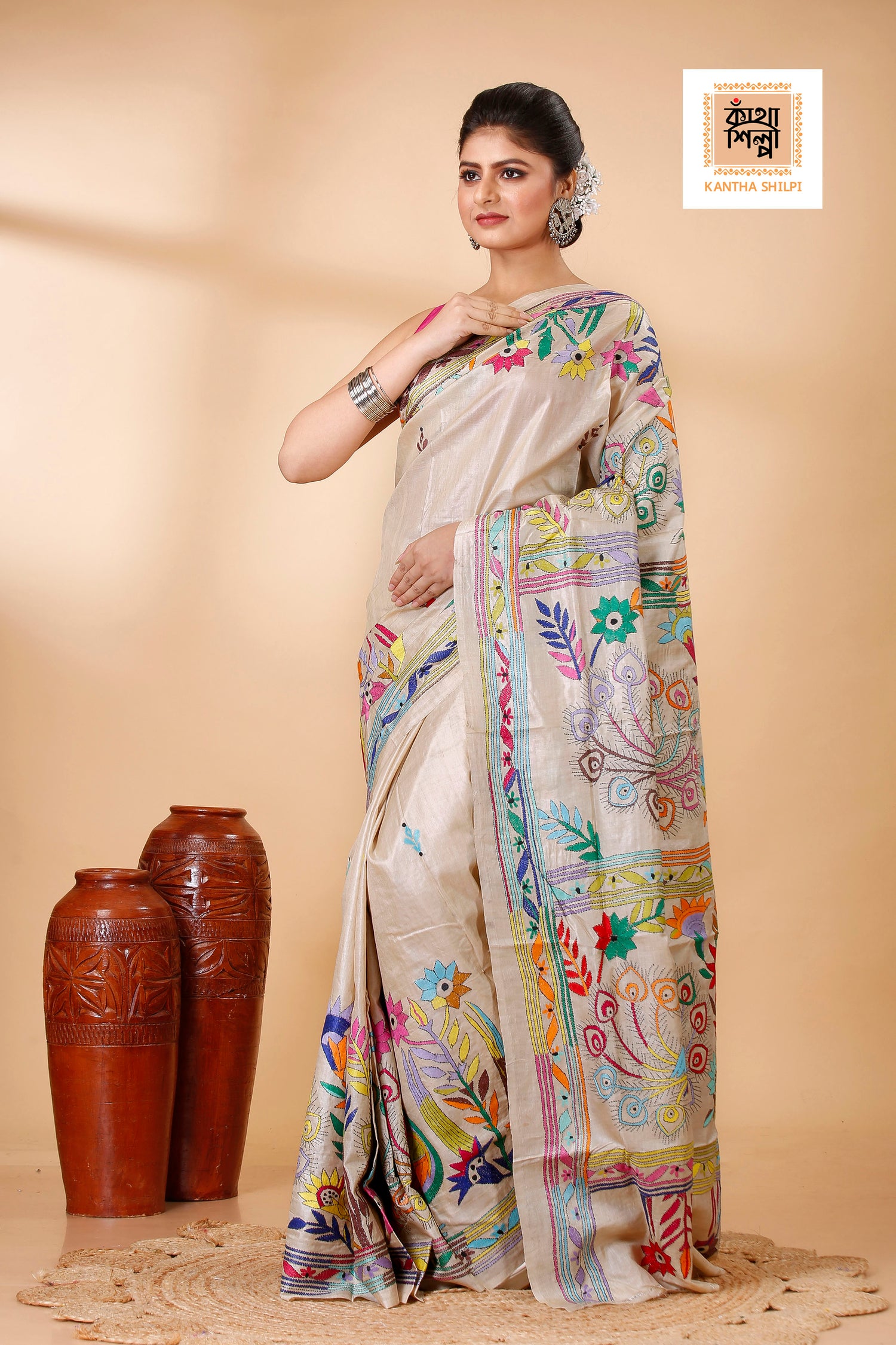 Beige Color Pure Gachi Tussar Multicolor Thread Peacock and Floral Design Kantha Stitch Saree