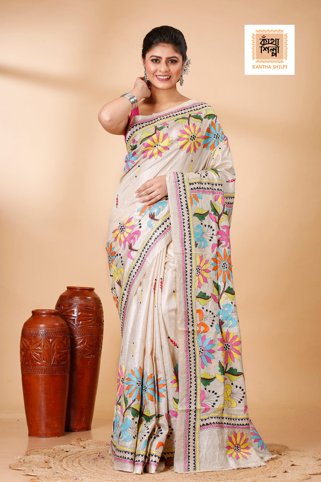 Beige Color Pure Gachi Tussar Floral Motif Kantha Stitch Saree