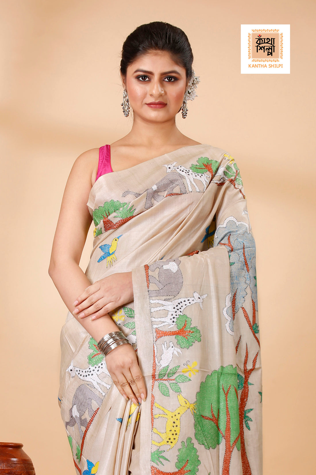 Gachi Tussar Multicolor Thread Work Animal and Forest Theme Kantha Stitch Saree