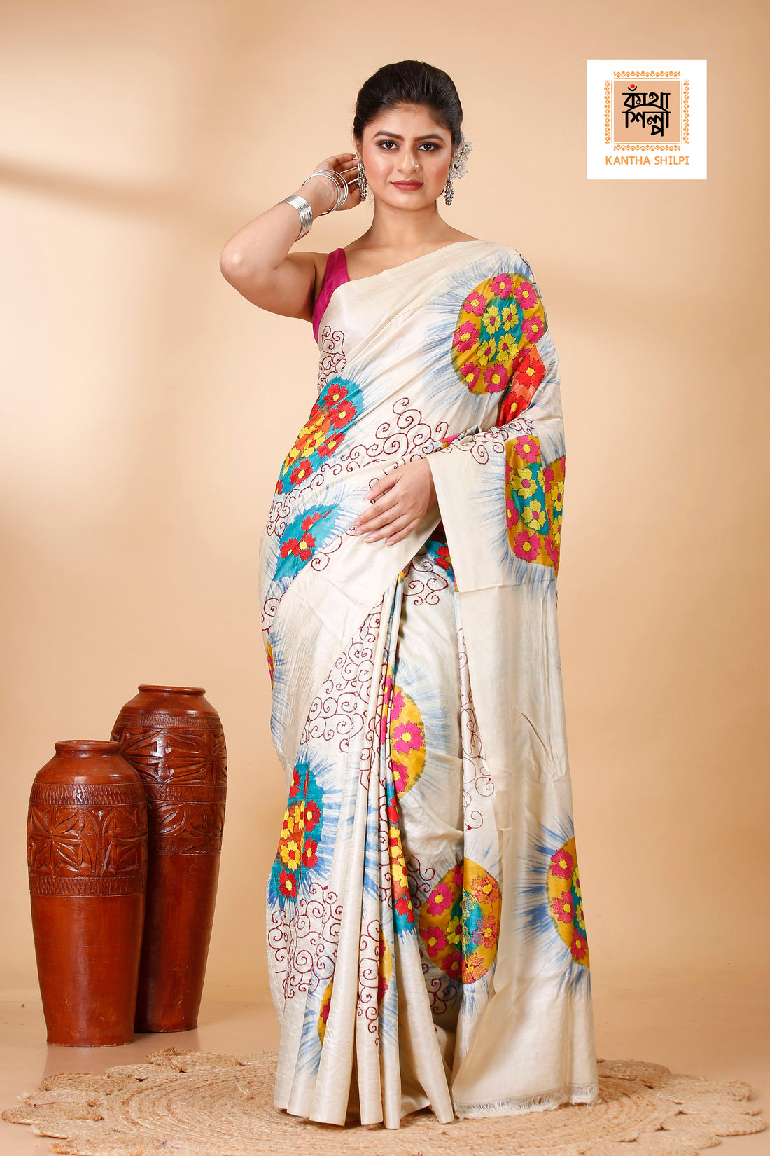 Gachi Tussar Multicolor Thread Work Abstract Line and Sunrising Flower Motif Kantha Stitch Saree
