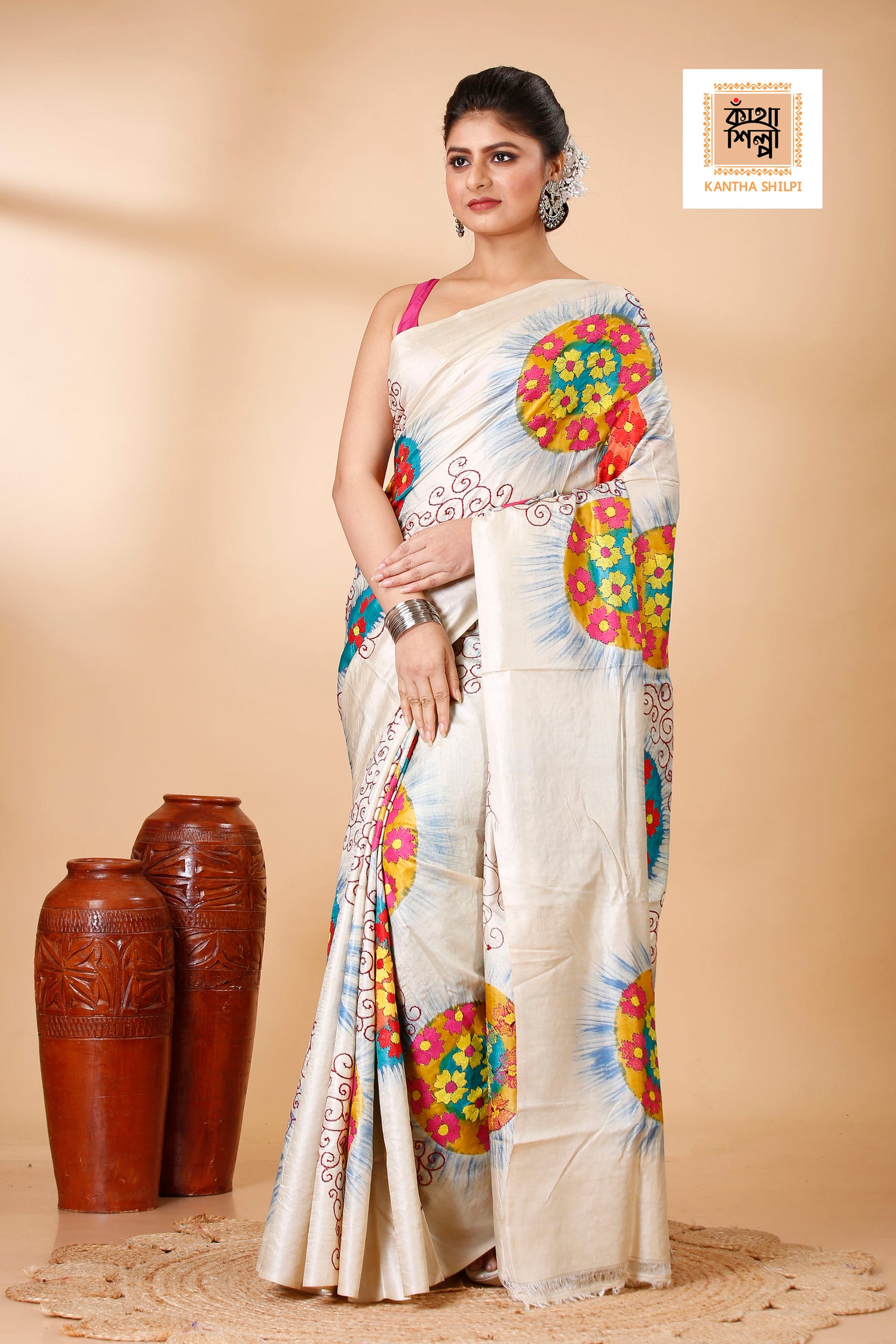 Gachi Tussar Multicolor Thread Work Abstract Line and Sunrising Flower Motif Kantha Stitch Saree