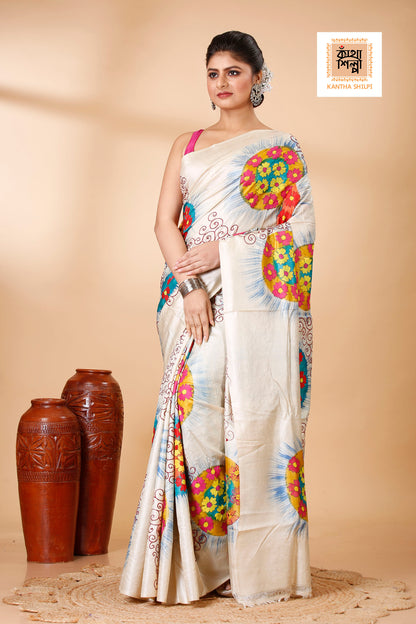 Gachi Tussar Multicolor Thread Work Abstract Line and Sunrising Flower Motif Kantha Stitch Saree