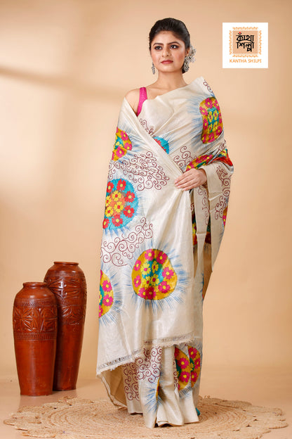 Gachi Tussar Multicolor Thread Work Abstract Line and Sunrising Flower Motif Kantha Stitch Saree