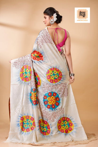 Gachi Tussar Multicolor Thread Work Abstract Line and Sunrising Flower Motif Kantha Stitch Saree