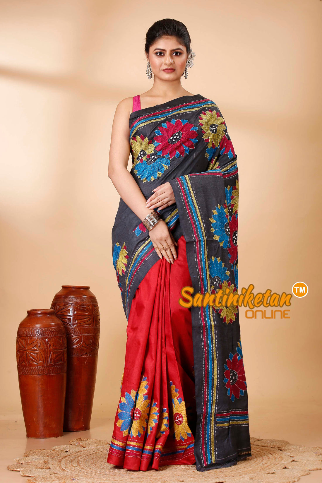 Pure Dye Ketiya Tussar Silk Kantha Stitch Saree SN202521849