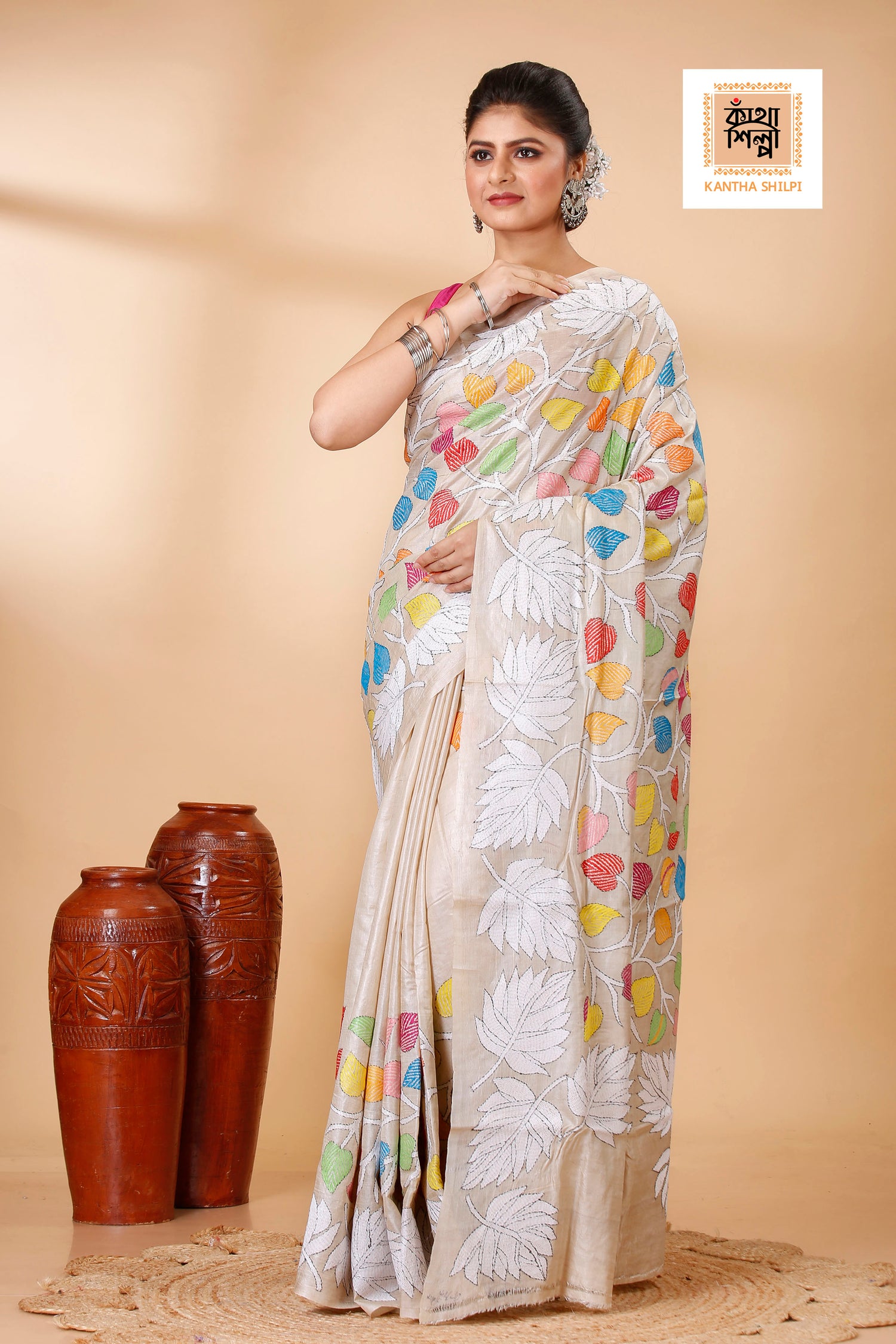 Gachi Tussar Multicolor Thread Work Leaf and Foliage Design Kantha Stitch Saree