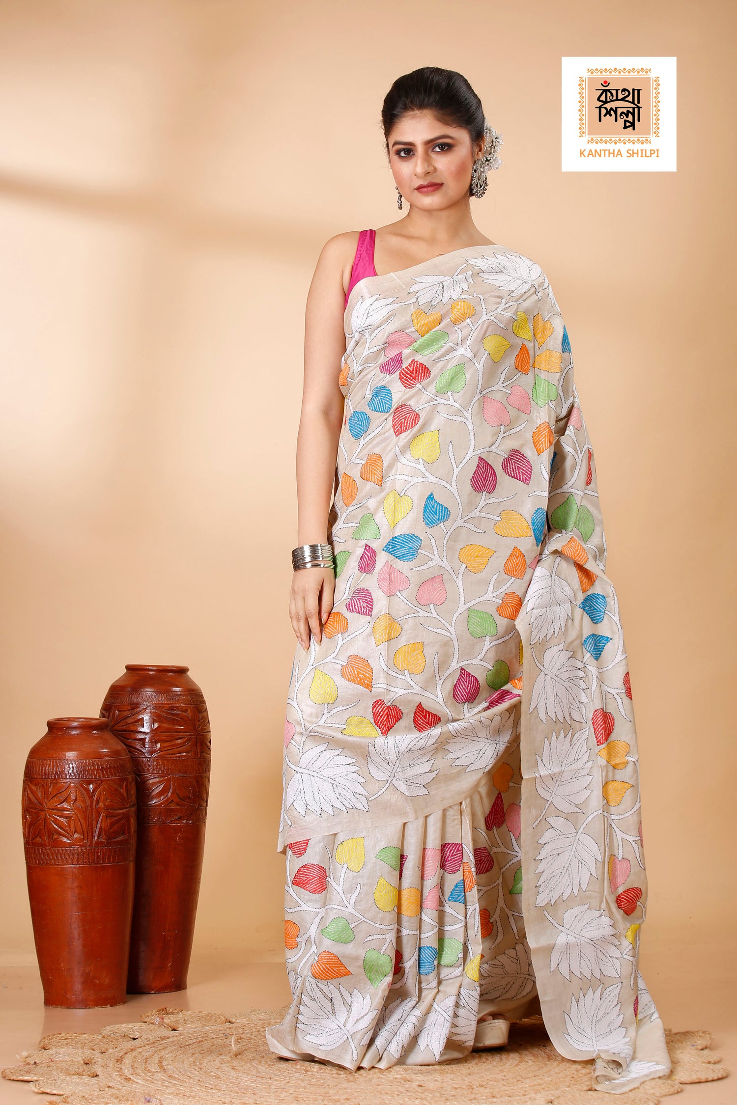 Gachi Tussar Multicolor Thread Work Leaf and Foliage Design Kantha Stitch Saree