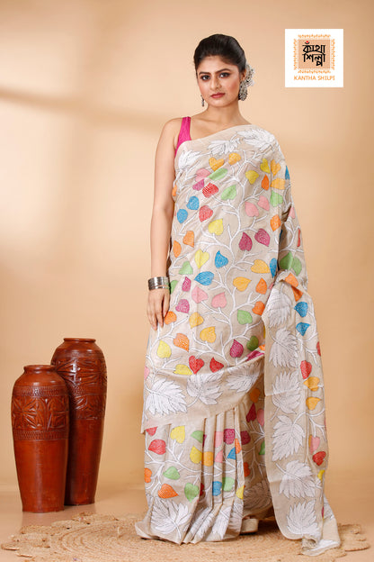 Gachi Tussar Multicolor Thread Work Leaf and Foliage Design Kantha Stitch Saree
