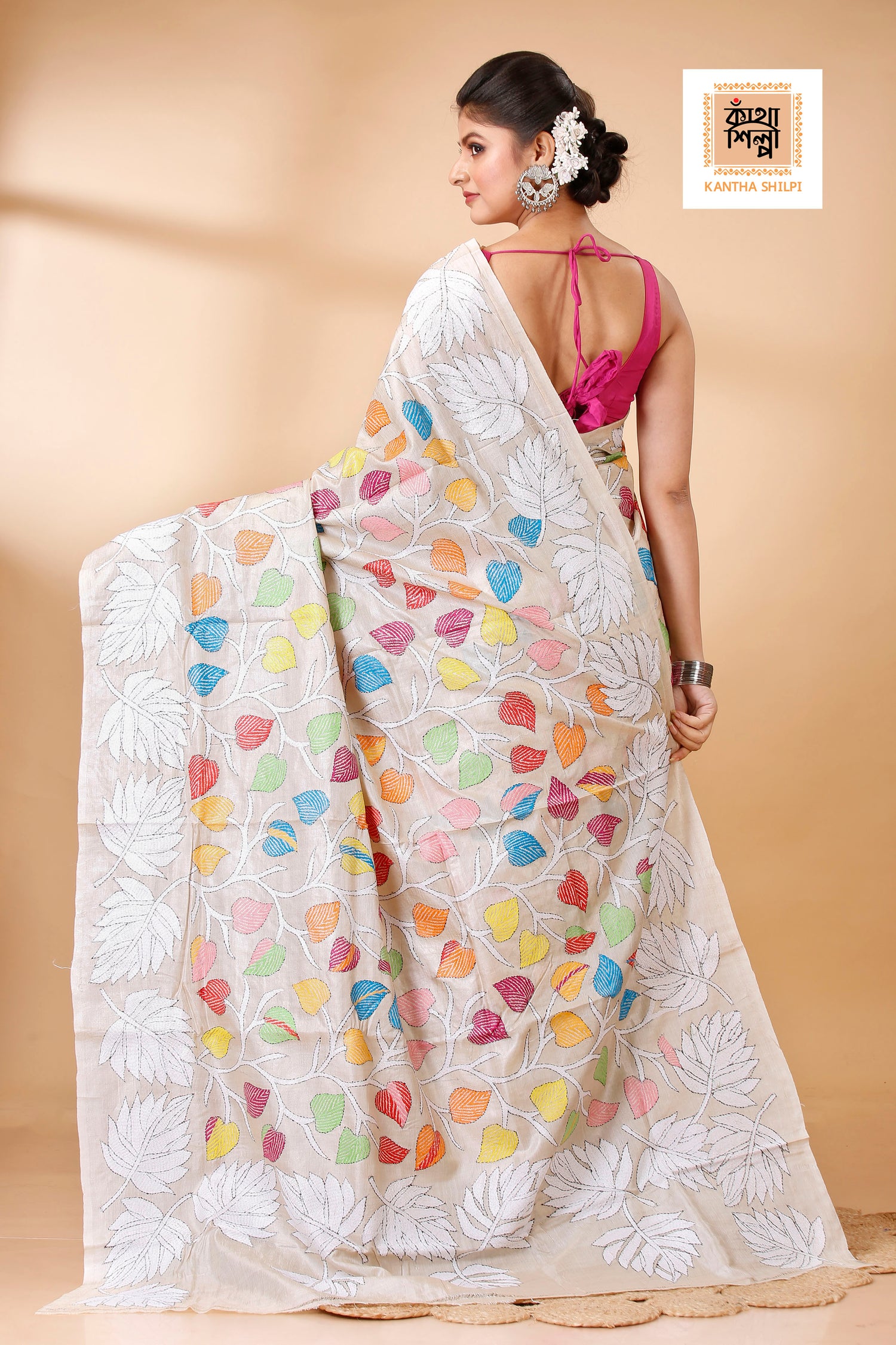 Gachi Tussar Multicolor Thread Work Leaf and Foliage Design Kantha Stitch Saree