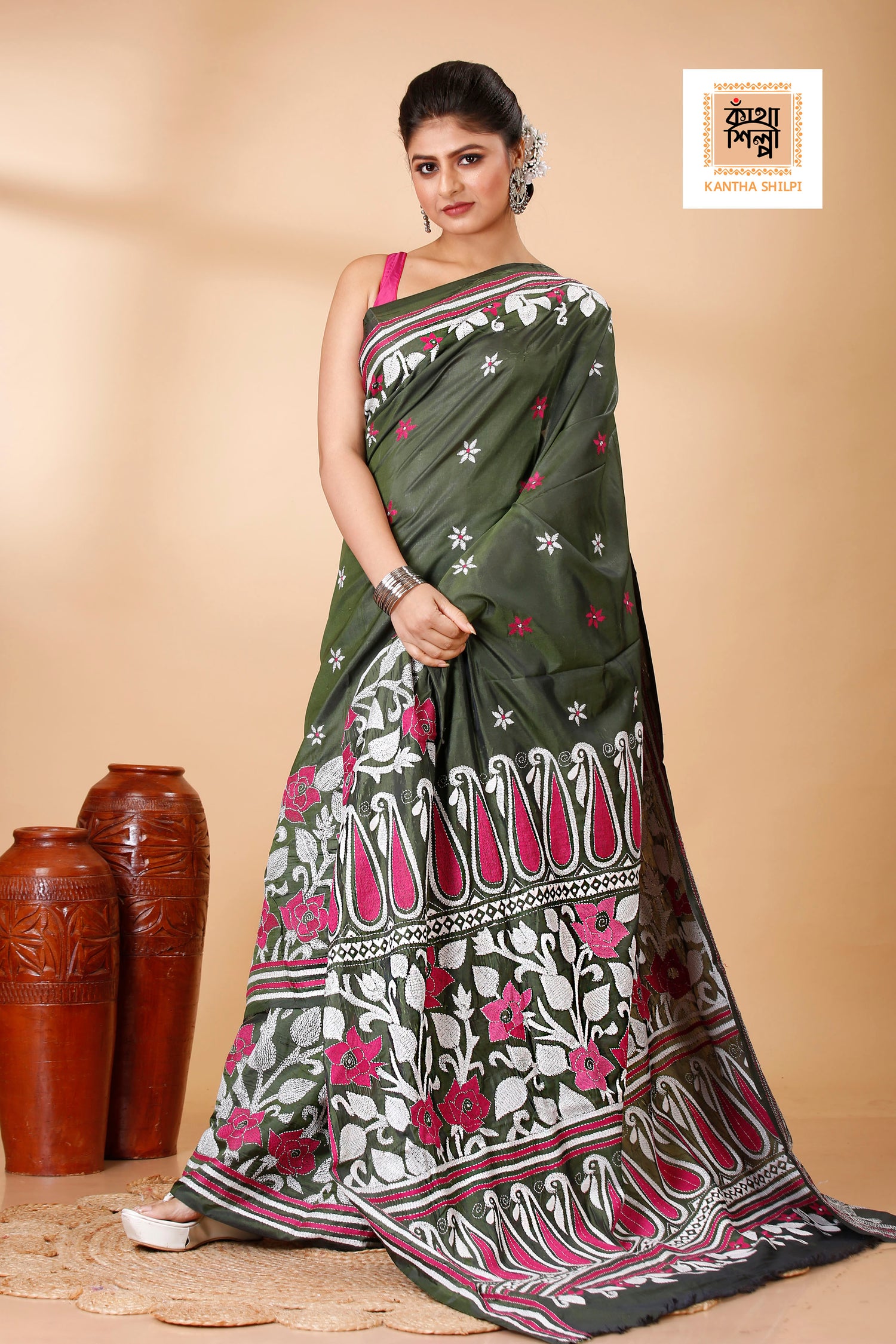 Bangalore Silk Kantha Stitch Saree SN202521874