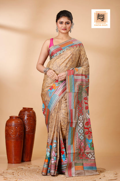 Bangalore Silk Hand Batik and Kantha Stitch Saree SN202521880