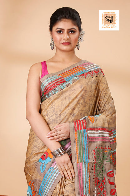Bangalore Silk Hand Batik and Kantha Stitch Saree SN202521880