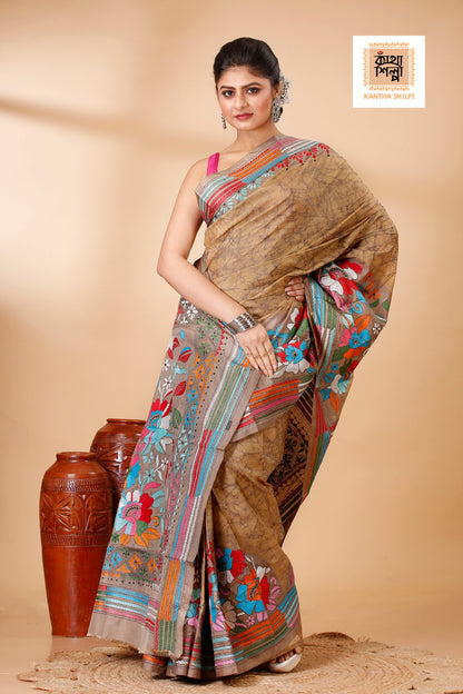 Bangalore Silk Hand Batik and Kantha Stitch Saree SN202521880