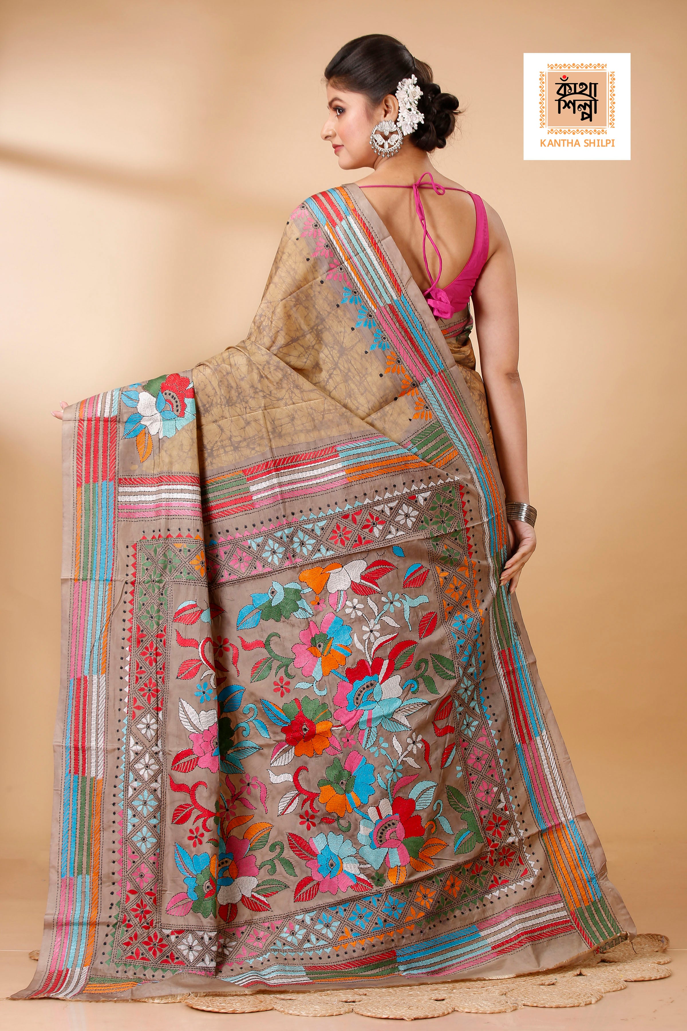 Bangalore Silk Hand Batik and Kantha Stitch Saree SN202521880