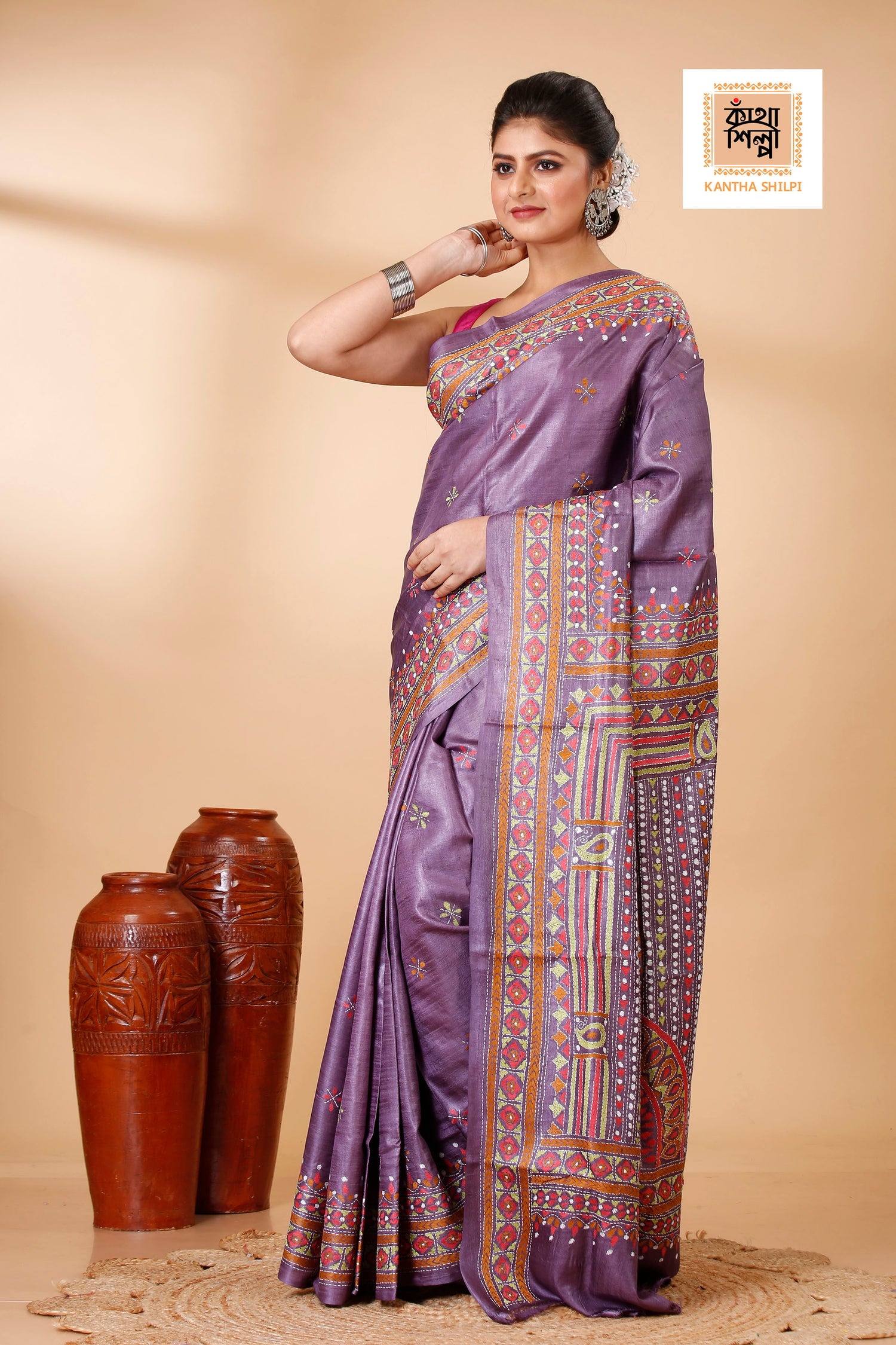 Mauve Dye Tussar Multicolor Thread Work Geometric Kantha Stitch Saree