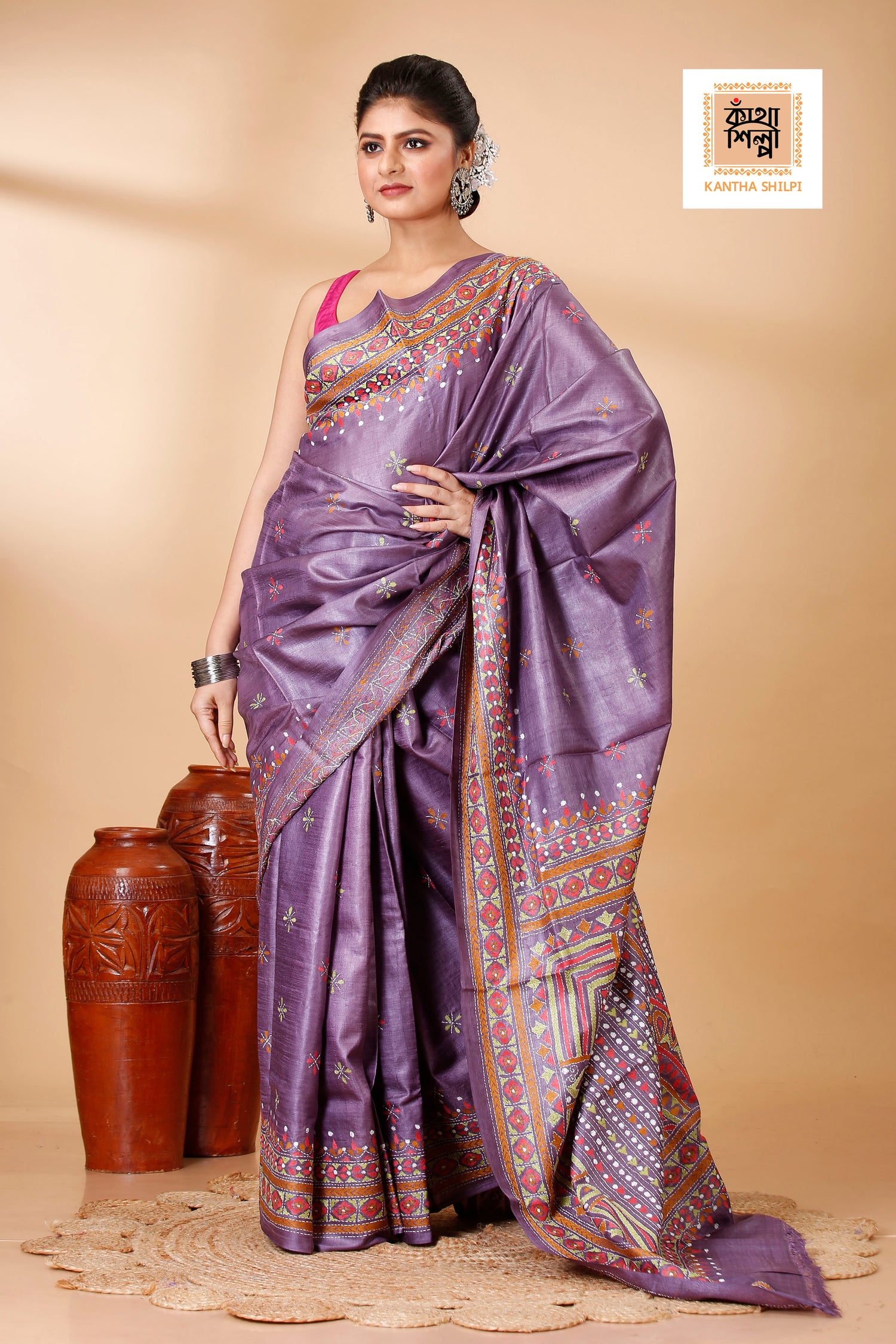 Mauve Dye Tussar Multicolor Thread Work Geometric Kantha Stitch Saree
