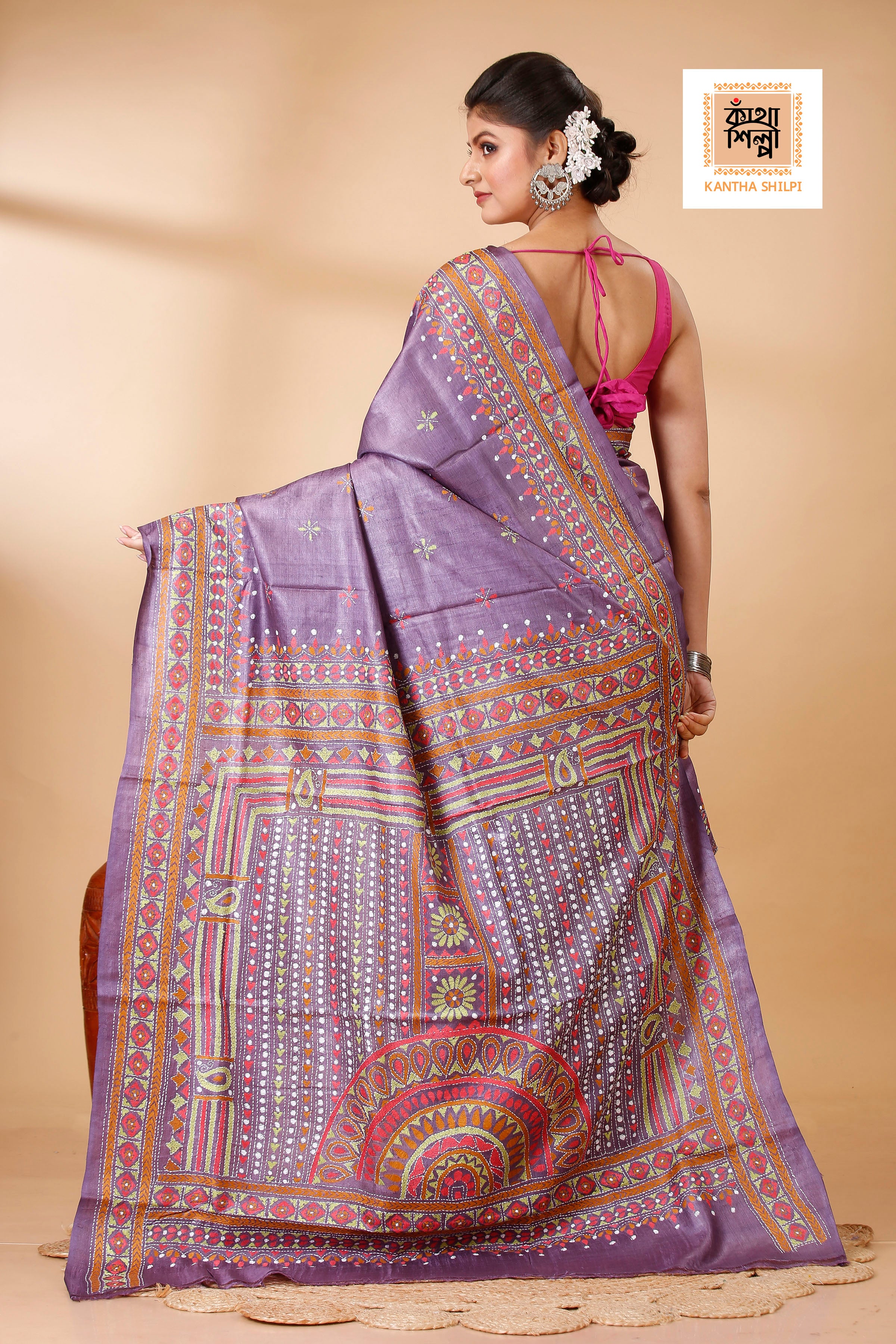 Mauve Dye Tussar Multicolor Thread Work Geometric Kantha Stitch Saree