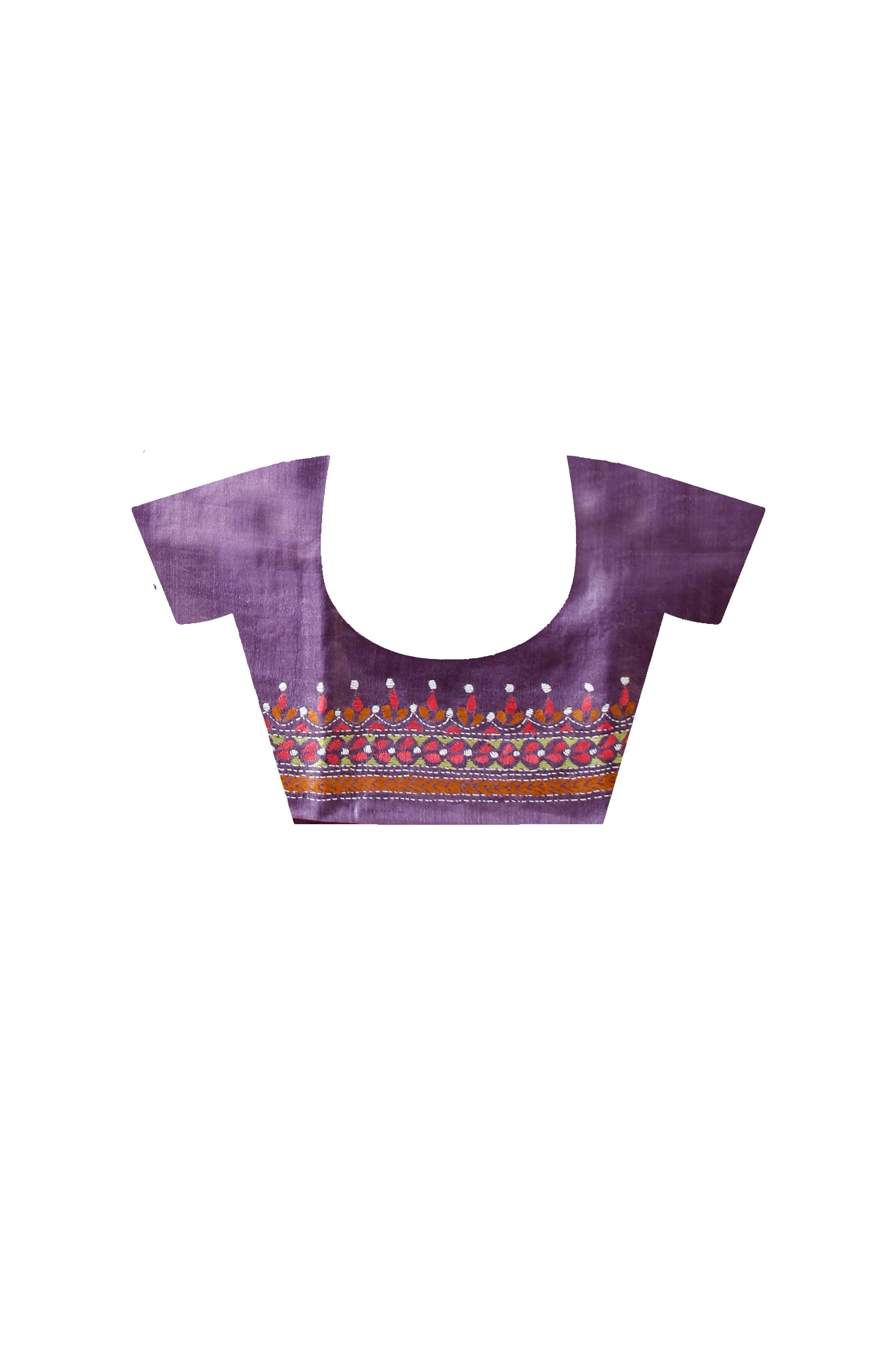 Mauve Dye Tussar Multicolor Thread Work Geometric Kantha Stitch Saree