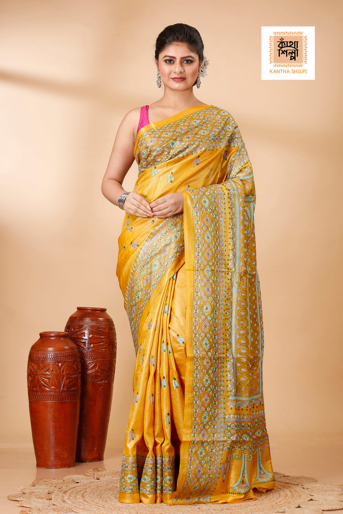 Mustard-Yellow Dye Tussar Tricolor Thread Work Kantha Stitch Saree
