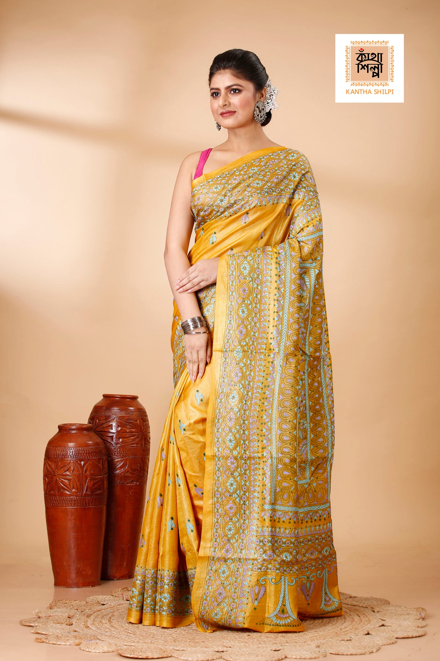 Mustard-Yellow Dye Tussar Tricolor Thread Work Kantha Stitch Saree
