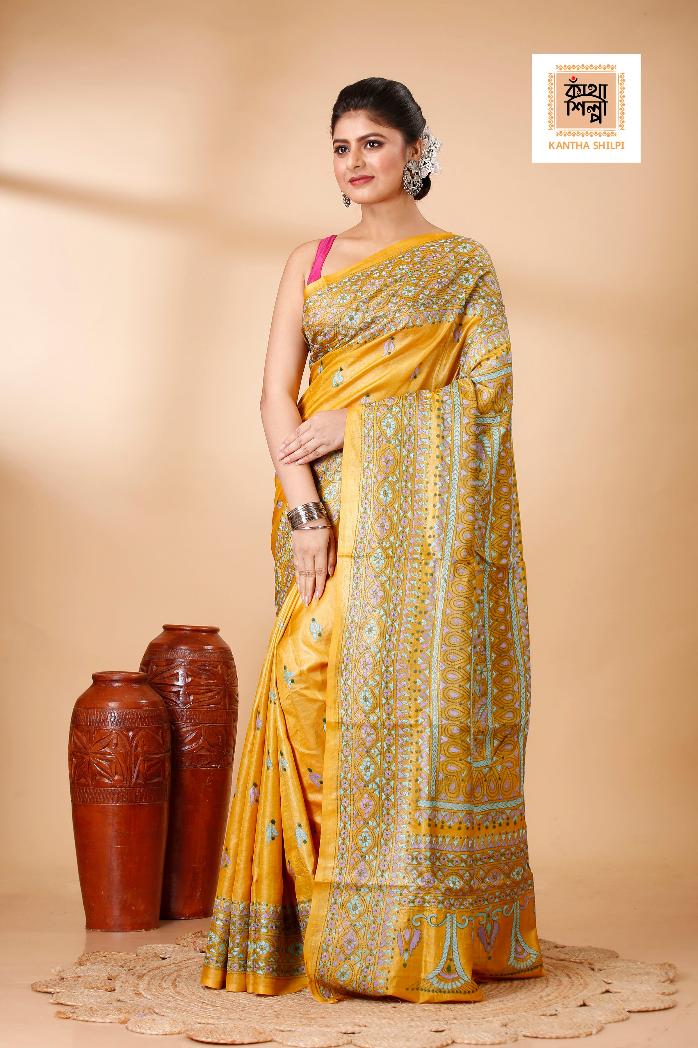 Mustard-Yellow Dye Tussar Tricolor Thread Work Kantha Stitch Saree