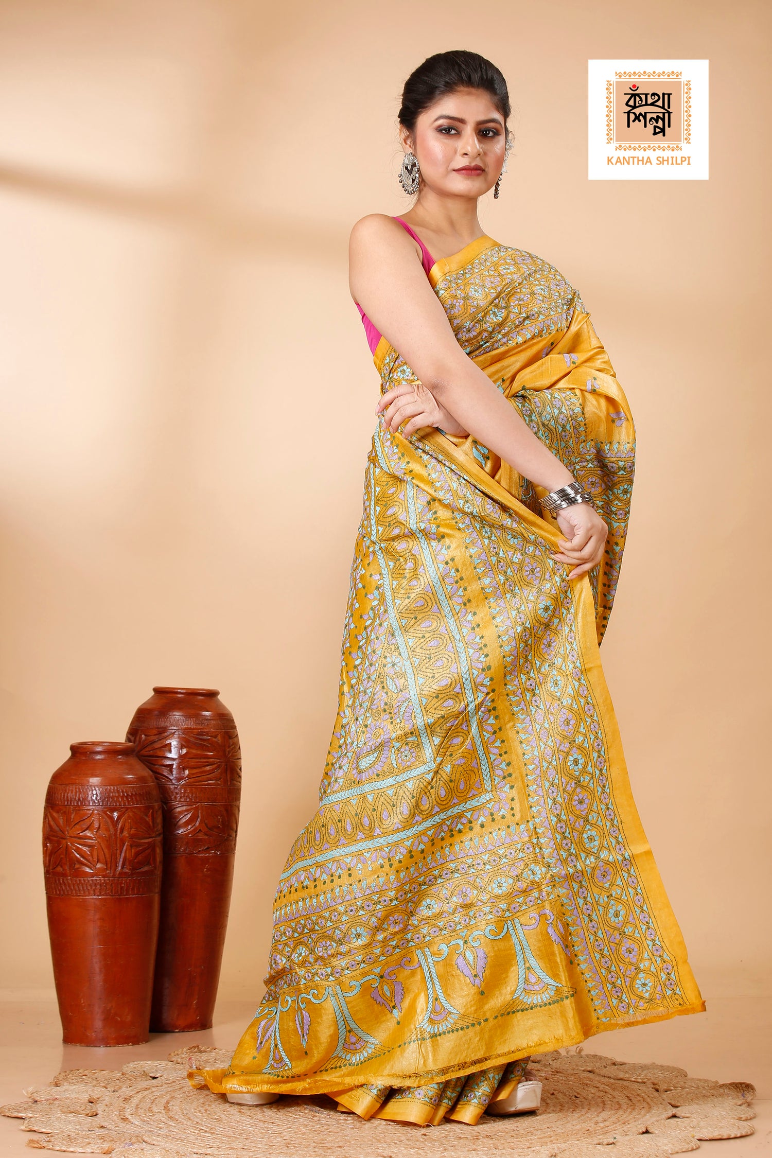 Mustard-Yellow Dye Tussar Tricolor Thread Work Kantha Stitch Saree