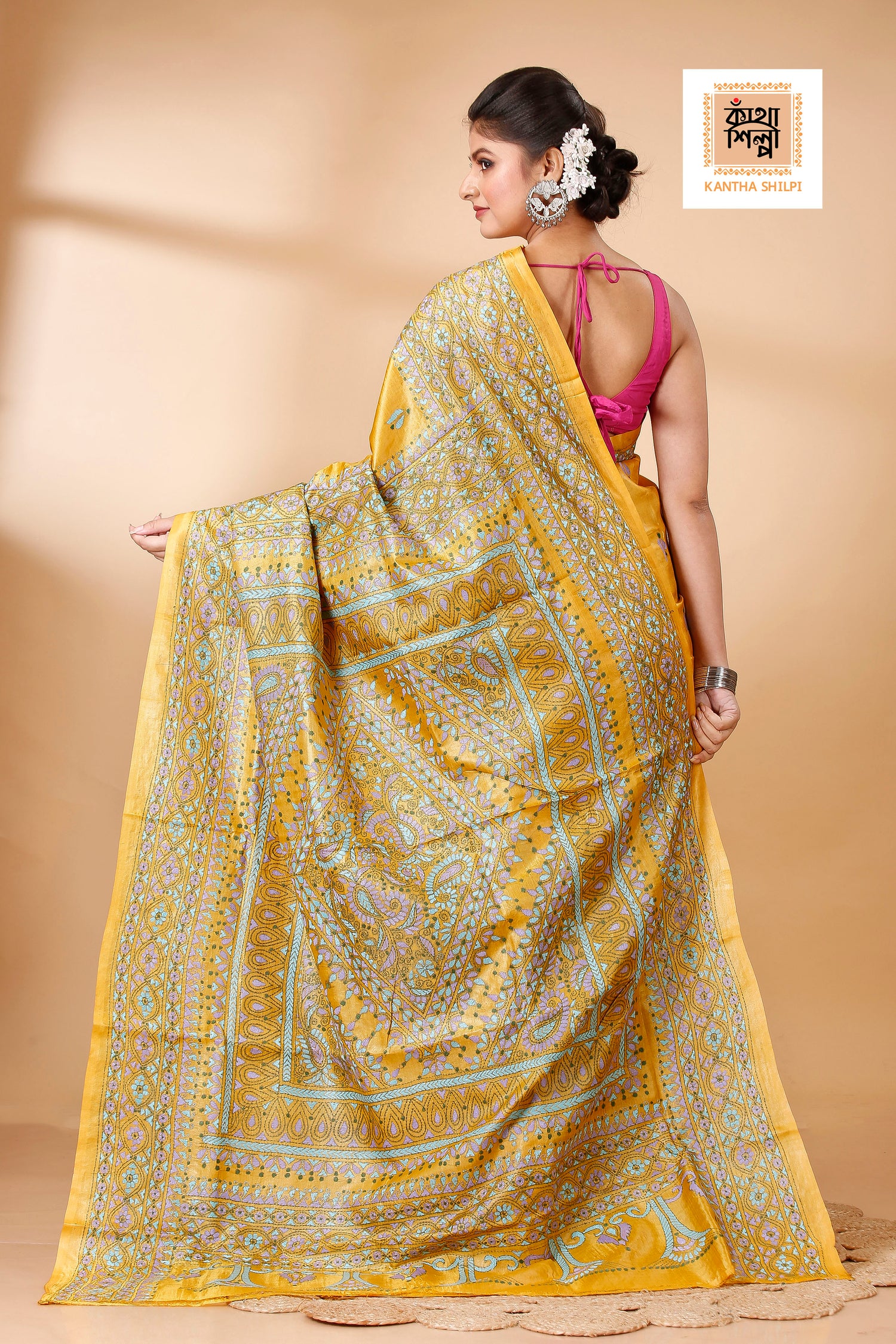 Mustard-Yellow Dye Tussar Tricolor Thread Work Kantha Stitch Saree