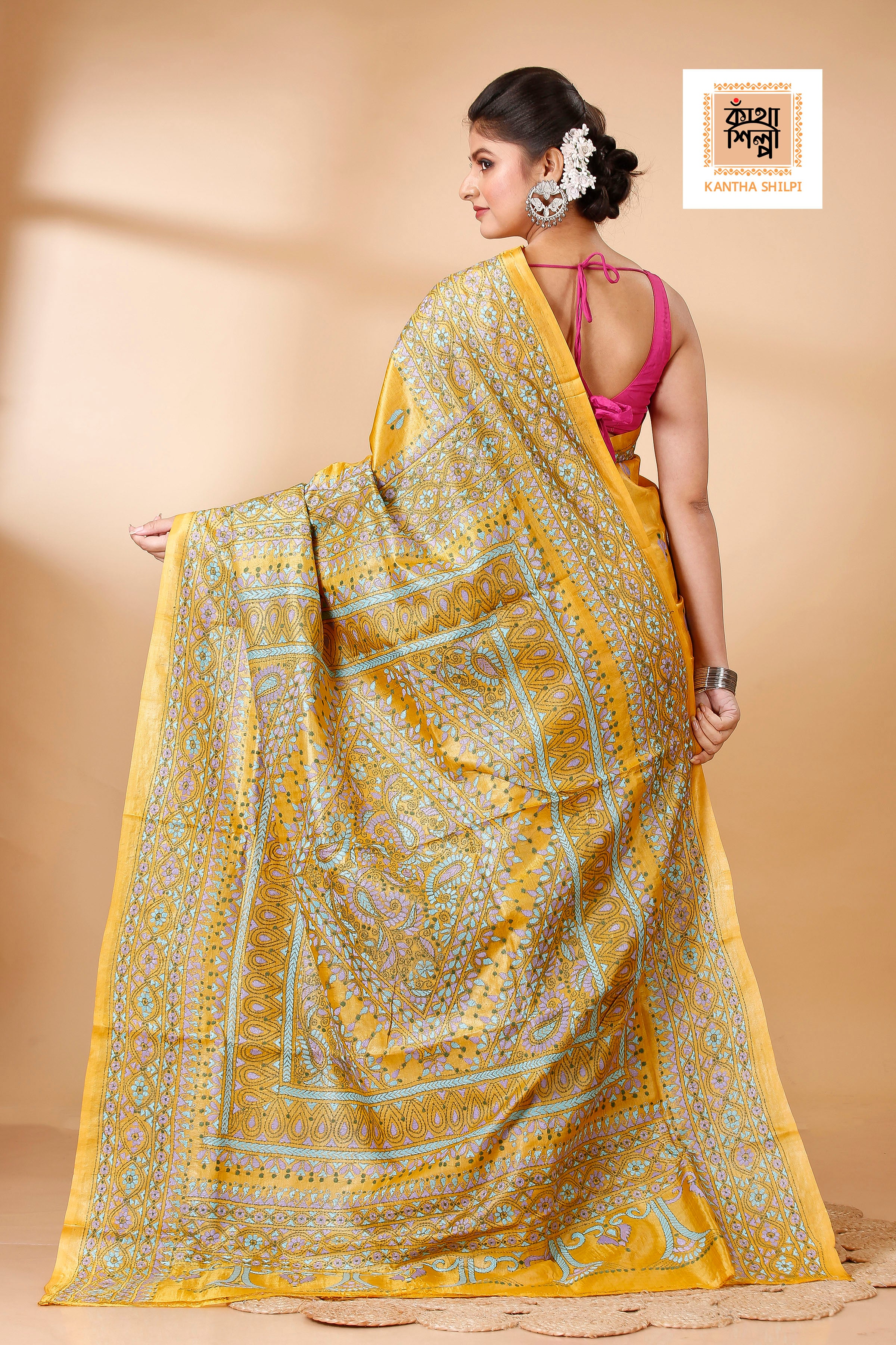 Mustard-Yellow Dye Tussar Tricolor Thread Work Kantha Stitch Saree