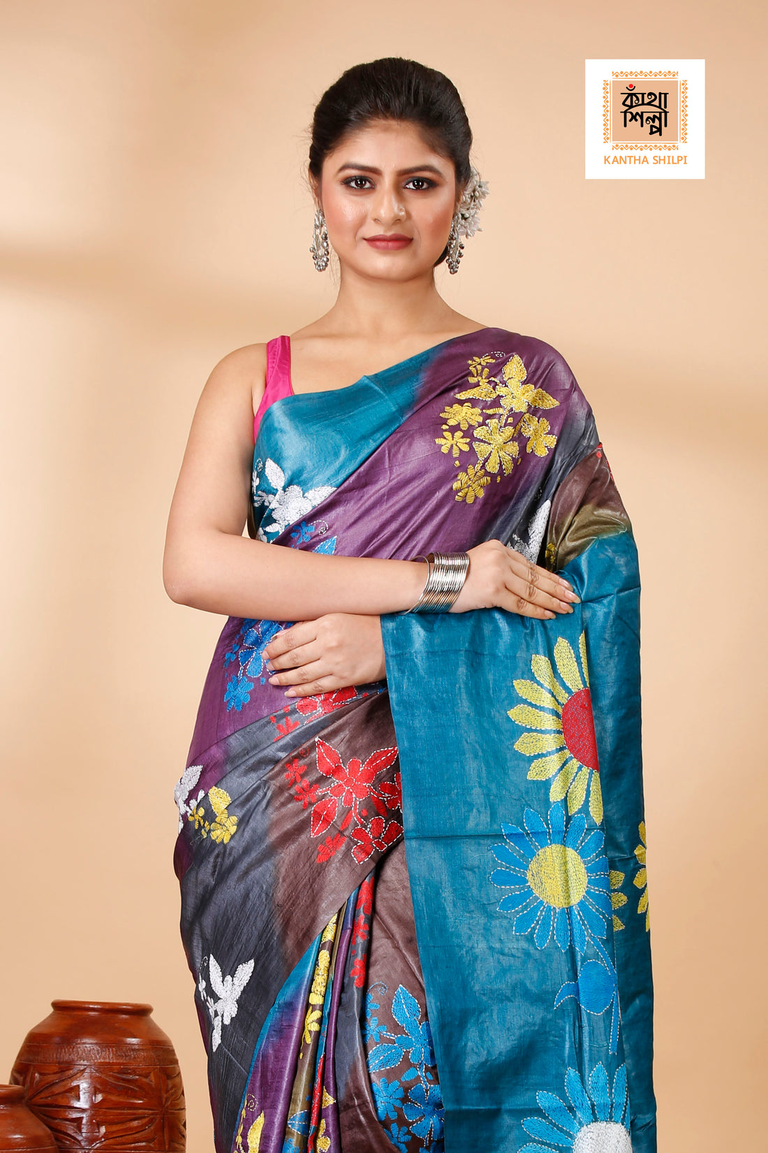 Multicolor Dye Tussar Multicolor Thread Work Kantha Stitch Saree